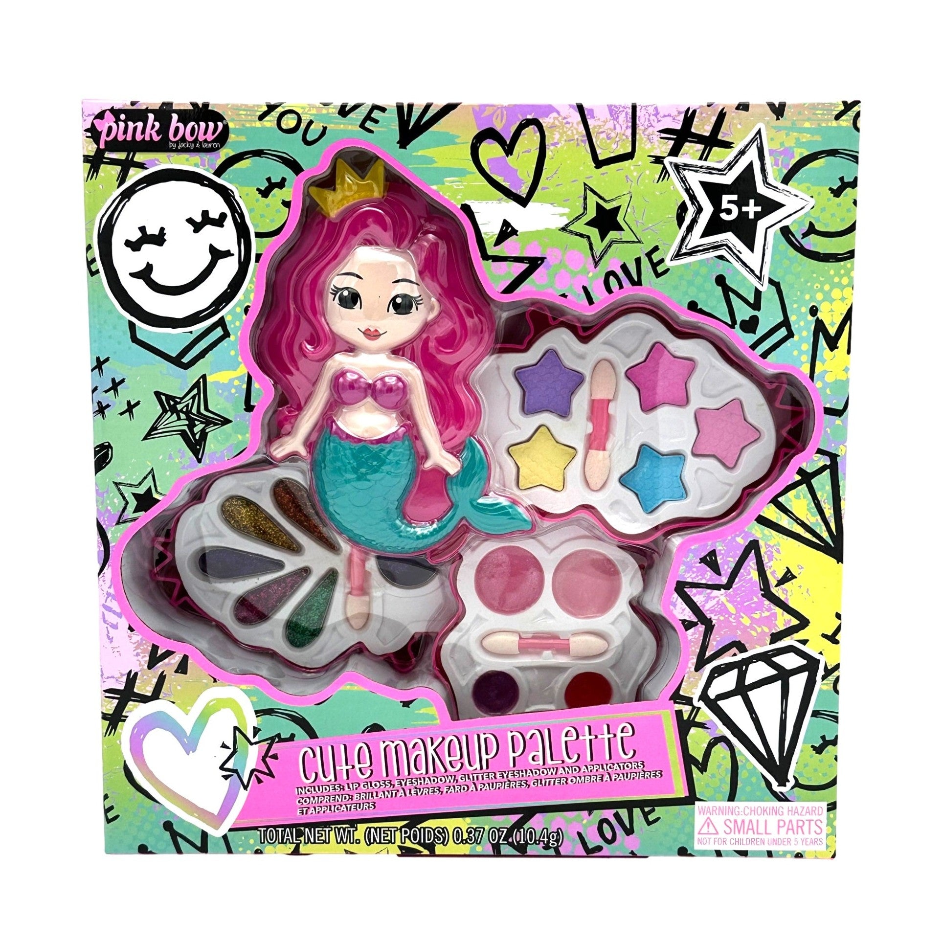 A "Pink Bow" children's makeup palette features a mermaid design, assorted eyeshadows, glitter eyeshadows, lip gloss, applicators, and a warning label.